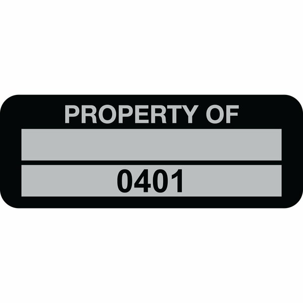 Lustre-Cal Property ID Label PROPERTY OF 5 Alum Black 2in x 0.75in 1 Blank Pad & Serialized 0401-0500, 100PK 253740Ma2K0401